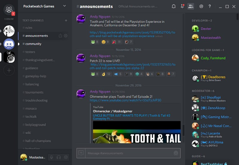 The #announcements channel of the Pocketwatch Games community server.